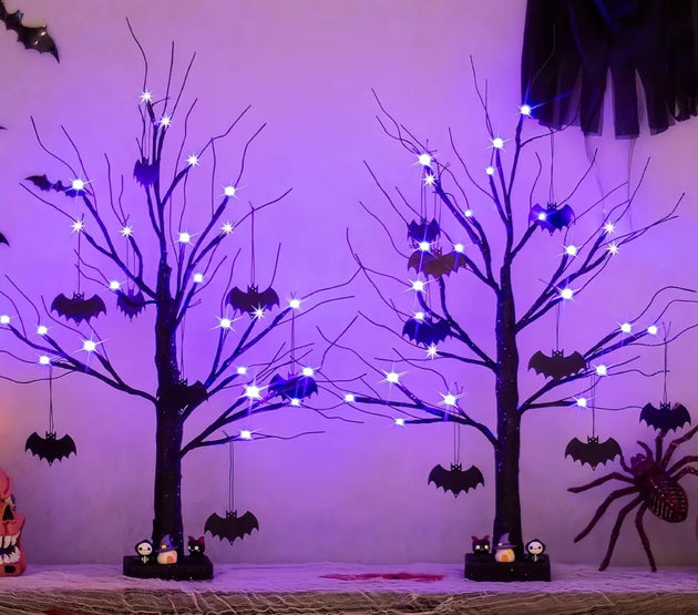 Halloween Decorations, 2FT Black Halloween Tree with 24 Purple Lights and 8 Bat Ornaments, Light up Halloween Decorations with