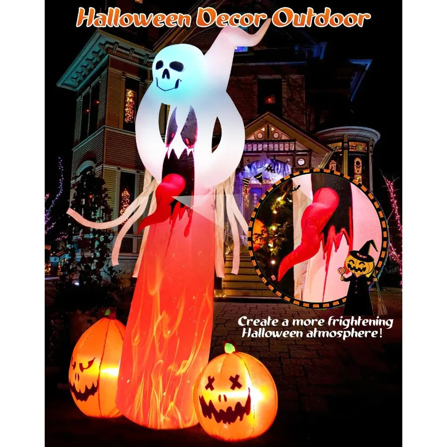 Halloween Inflatable Ghost Outdoor Decorations: 8 FT Scary Ghost with Pumpkin and 3D Tongue Halloween Decor with Buildin LEDs f
